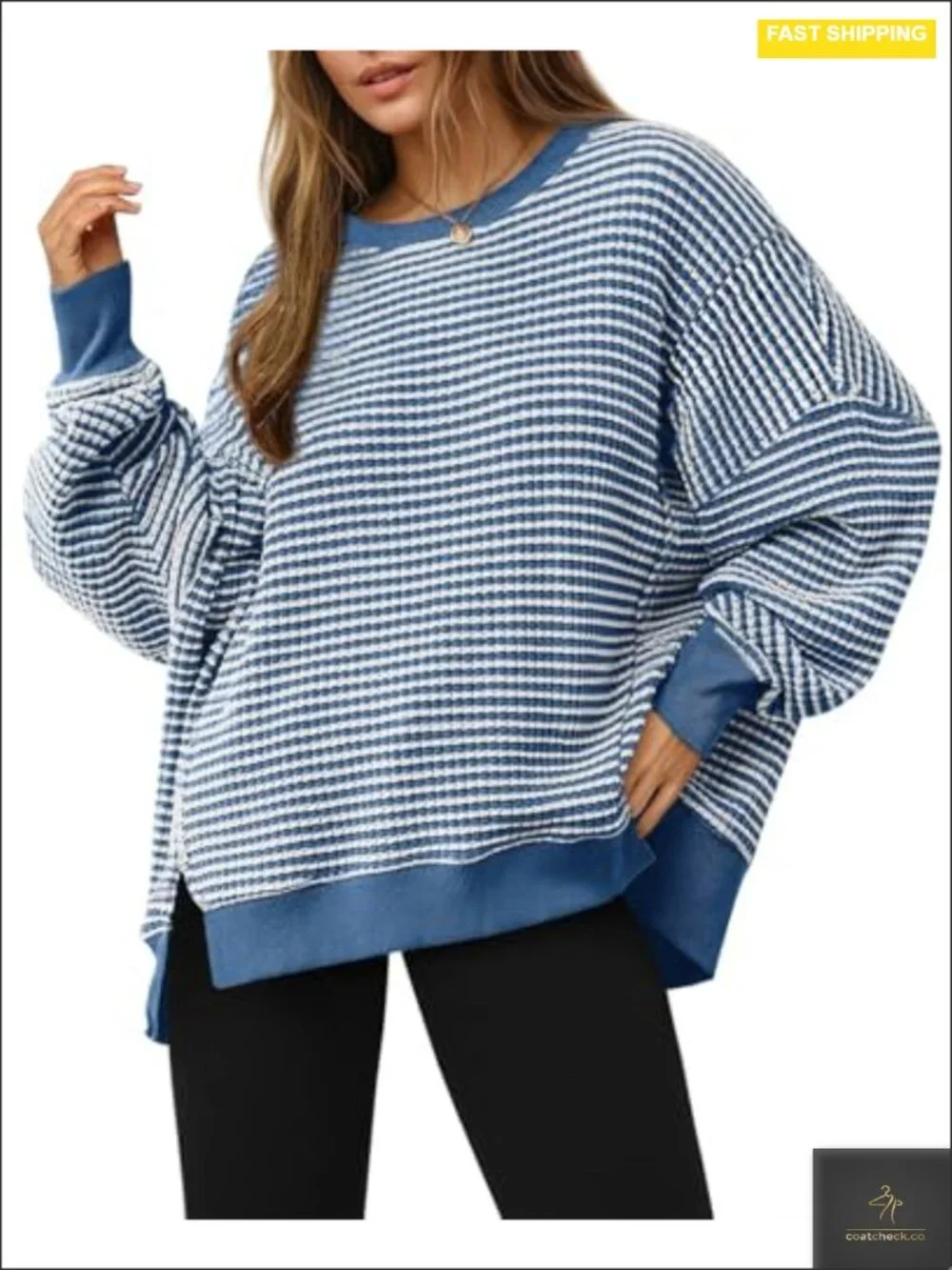 Oversized Waffle Knit Long Sleeve Crewneck Split Pullover Tunic Top